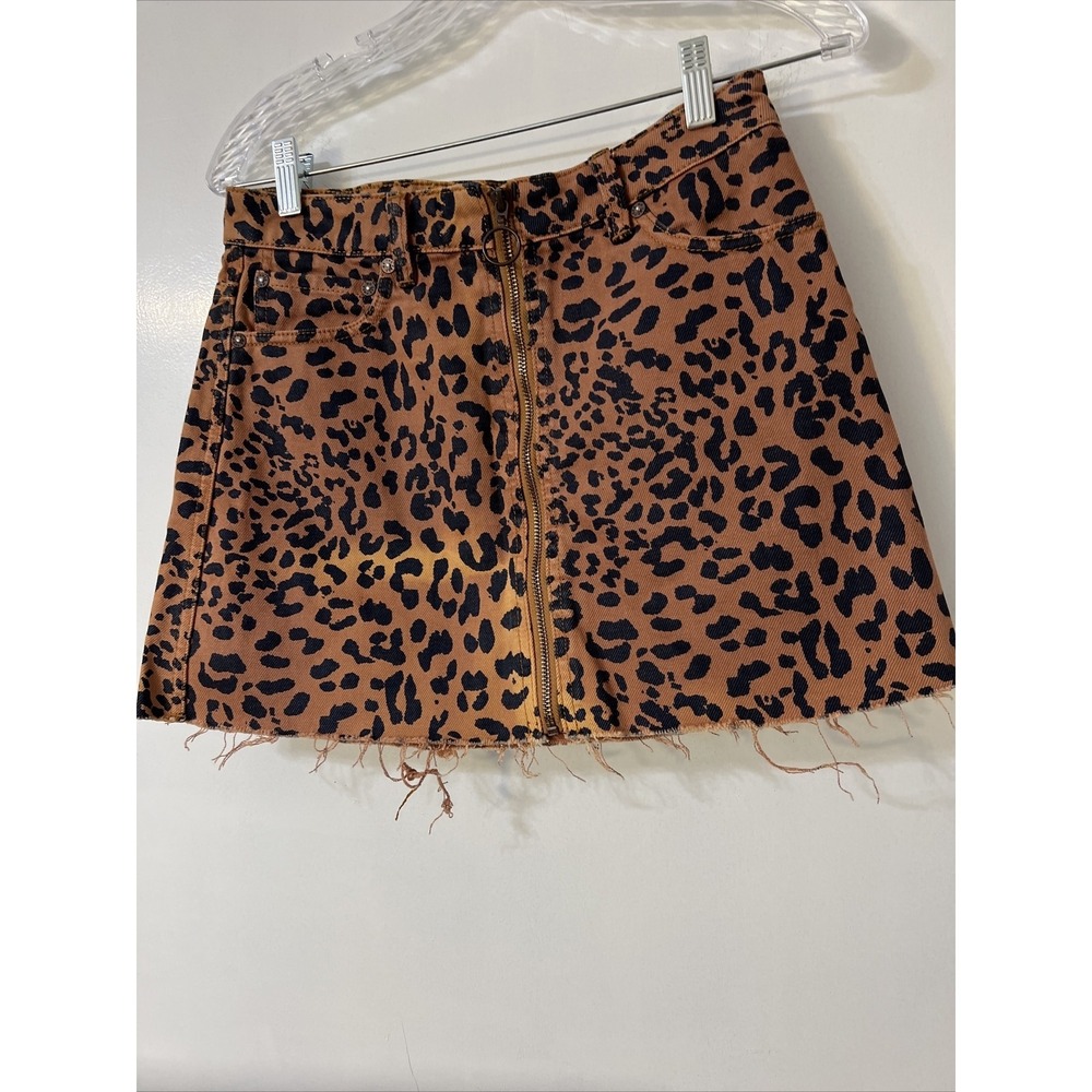 Free People We The Free Size 25 Front Zip Animal Leopard Print Denim Mini Skirt